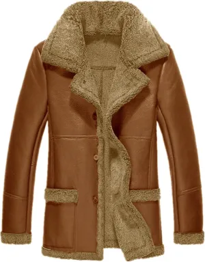 Mens Faux Leather Shearling Jacket Sherpa Lined Mid Lenth Coat Stand Collar Thick Motorbike Button Up Trenchcoat Outdoor