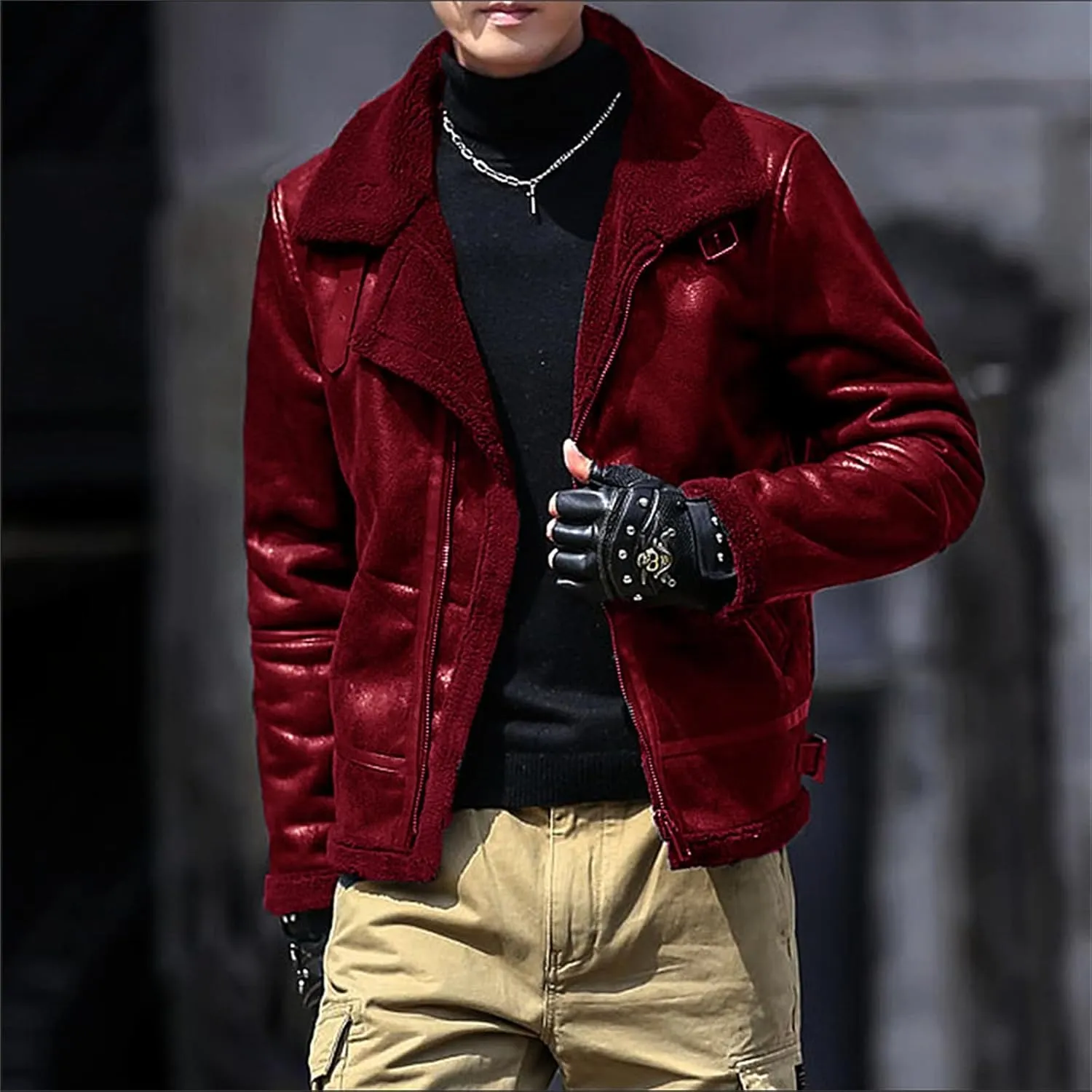 Men's Fleece Lined Leather Jacket Men Vintage Lapel Fur Collar Jackets Faux Leather Suede Sherpa Coats Fall Winter