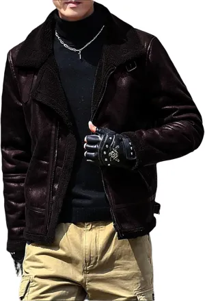 Men's Fleece Lined Leather Jacket Men Vintage Lapel Fur Collar Jackets Faux Leather Suede Sherpa Coats Fall Winter