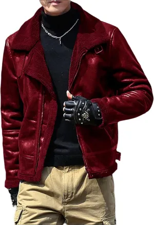 Men's Fleece Lined Leather Jacket Men Vintage Lapel Fur Collar Jackets Faux Leather Suede Sherpa Coats Fall Winter