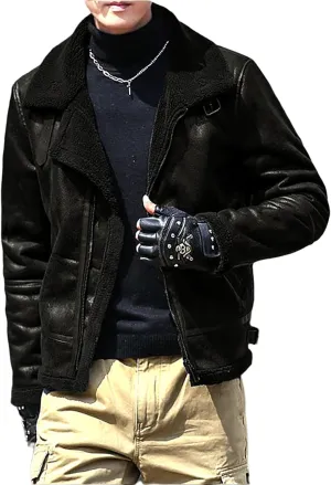 Men's Fleece Lined Leather Jacket Men Vintage Lapel Fur Collar Jackets Faux Leather Suede Sherpa Coats Fall Winter