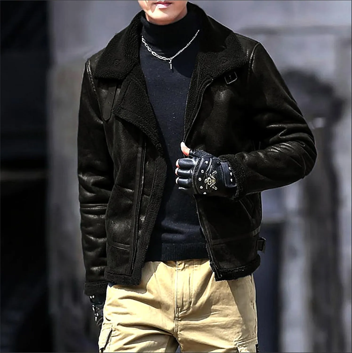 Men's Fleece Lined Leather Jacket Men Vintage Lapel Fur Collar Jackets Faux Leather Suede Sherpa Coats Fall Winter