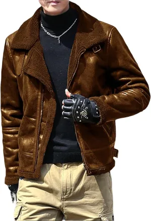 Men's Fleece Lined Leather Jacket Men Vintage Lapel Fur Collar Jackets Faux Leather Suede Sherpa Coats Fall Winter