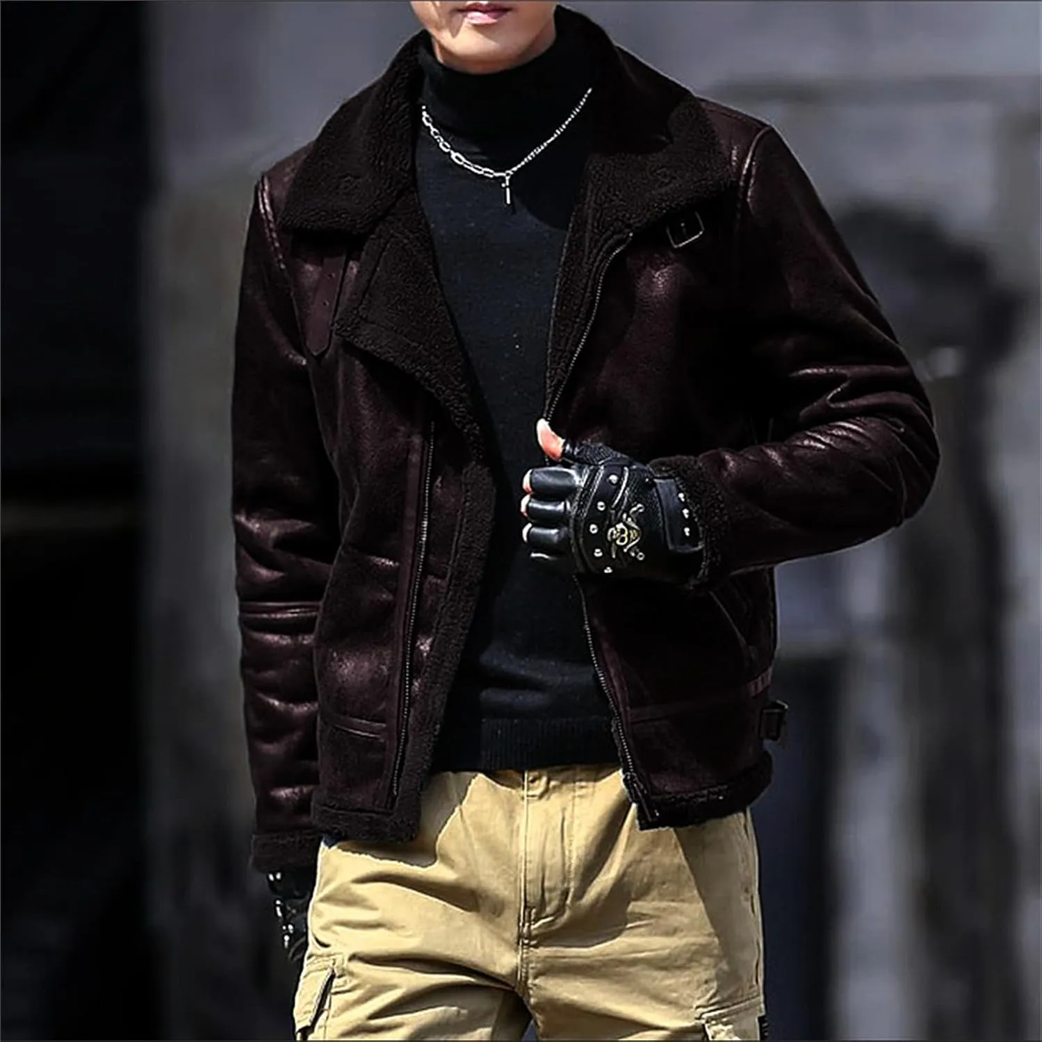 Men's Fleece Lined Leather Jacket Men Vintage Lapel Fur Collar Jackets Faux Leather Suede Sherpa Coats Fall Winter