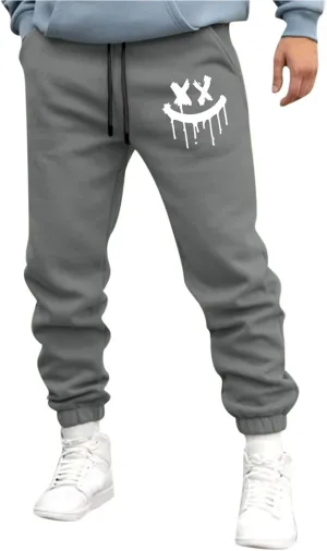 Men's Fleece Sweatpants Joggers Smiley Face Print Sweat Pants Jogger Athletic Trousers with Pockets