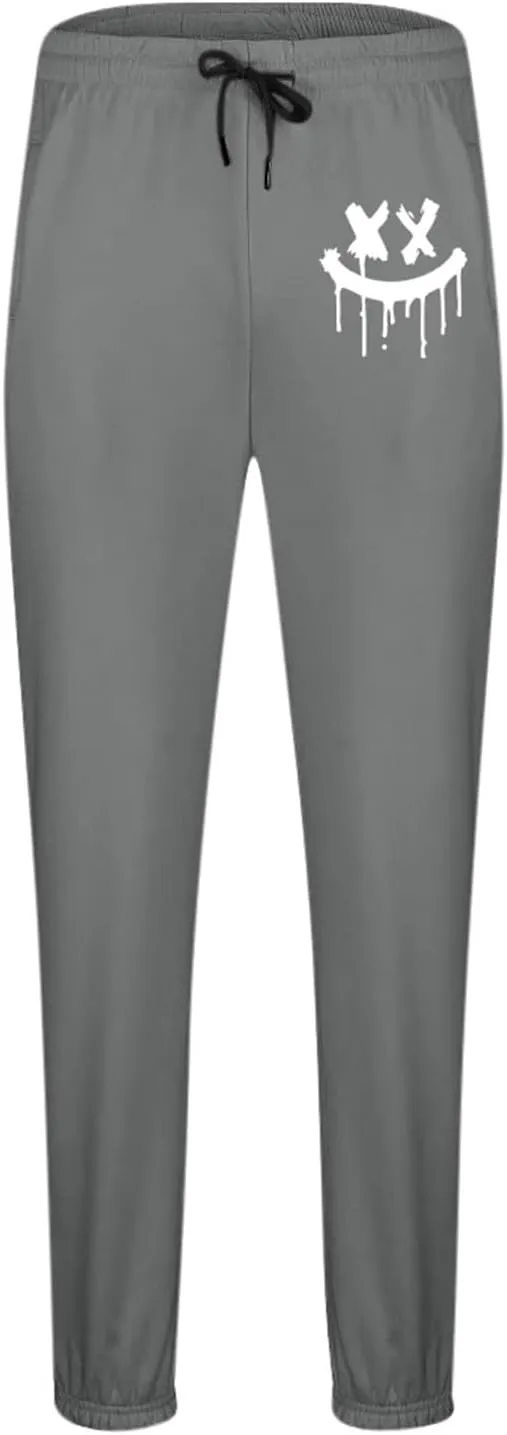 Men's Fleece Sweatpants Joggers Smiley Face Print Sweat Pants Jogger Athletic Trousers with Pockets