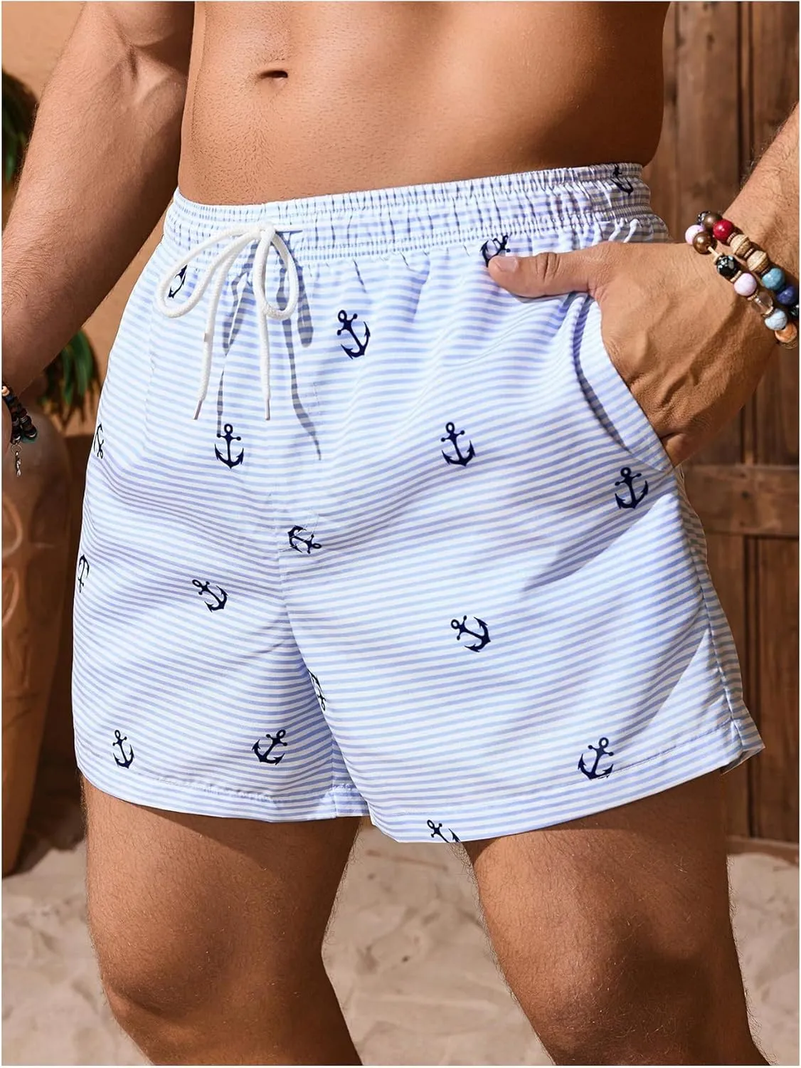 Men's Graphic Swim Trunks Drawstring Waist Beach Shorts Quick Dry Board Shorts with Compression Liner