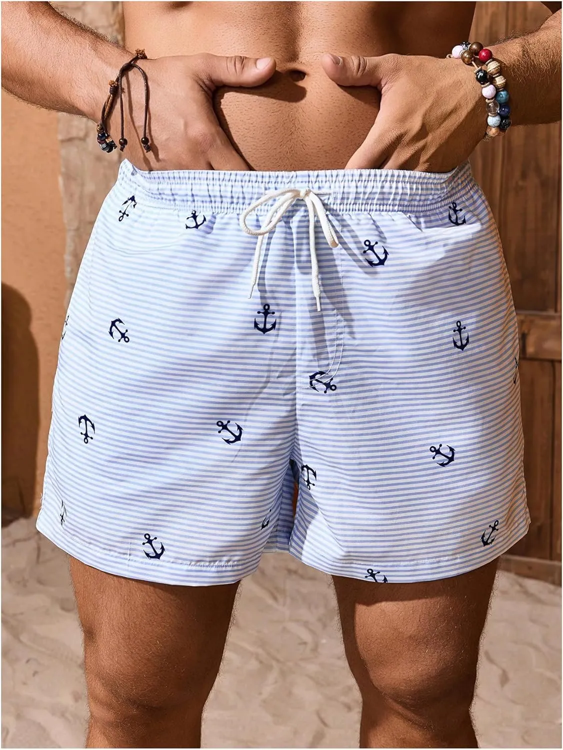 Men's Graphic Swim Trunks Drawstring Waist Beach Shorts Quick Dry Board Shorts with Compression Liner