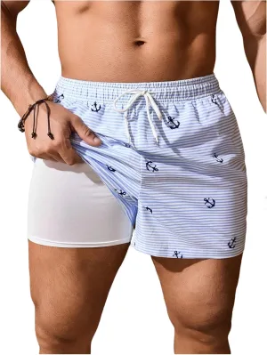 Men's Graphic Swim Trunks Drawstring Waist Beach Shorts Quick Dry Board Shorts with Compression Liner