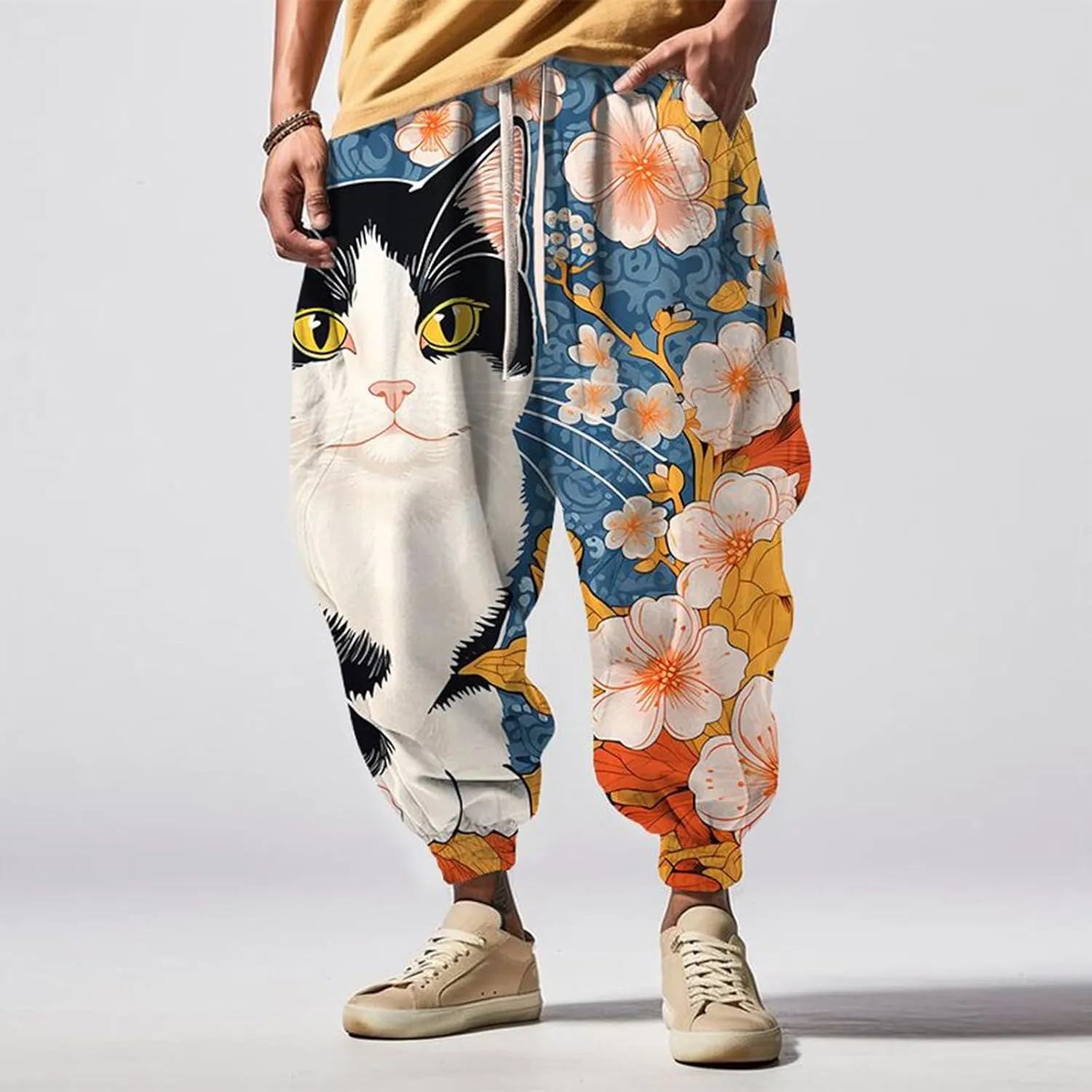 Men's Harem Drawstring Pants Men's Autumn Fun Print Fashion Street Feel Casual Sweatpants Loose Drop Crotch Trousers
