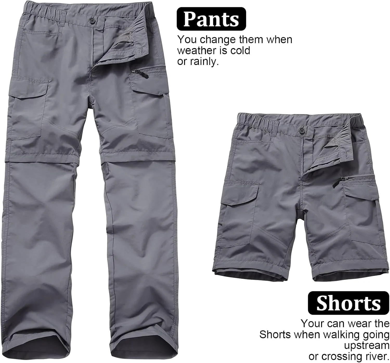 Mens Hiking Pants Quick Dry Lightweight Fishing Convertible Zip Off Safari Trousers