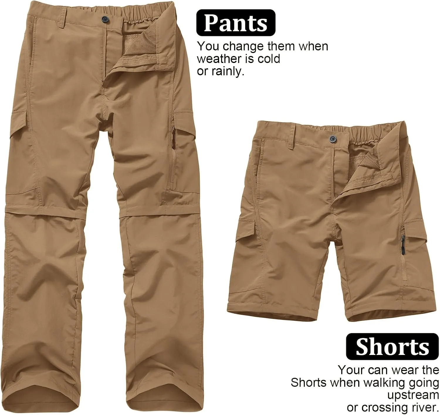 Mens Hiking Pants Quick Dry Lightweight Fishing Convertible Zip Off Safari Trousers