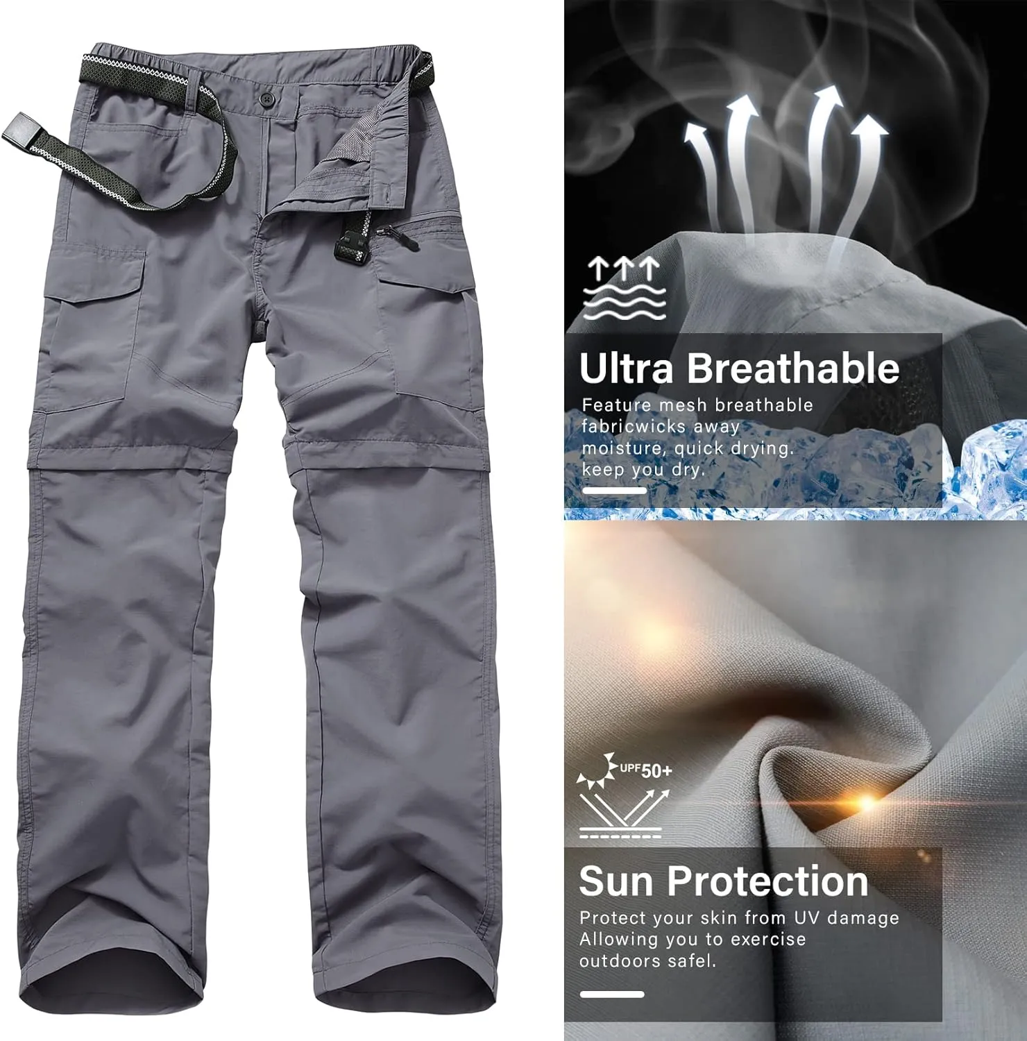 Mens Hiking Pants Quick Dry Lightweight Fishing Convertible Zip Off Safari Trousers