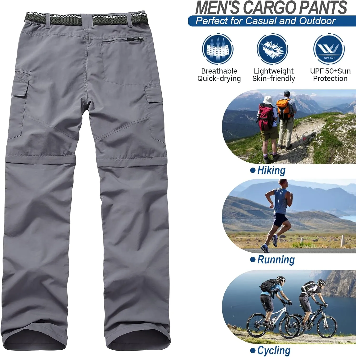 Mens Hiking Pants Quick Dry Lightweight Fishing Convertible Zip Off Safari Trousers