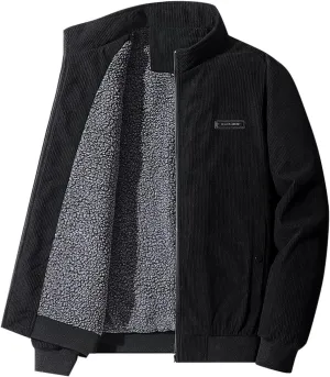 Mens Jacket Winter Corduroy Thickened Zip Up Heavyweight Jackets Warm Sherpa Lined Fleece Loose Coat, XL-5XL