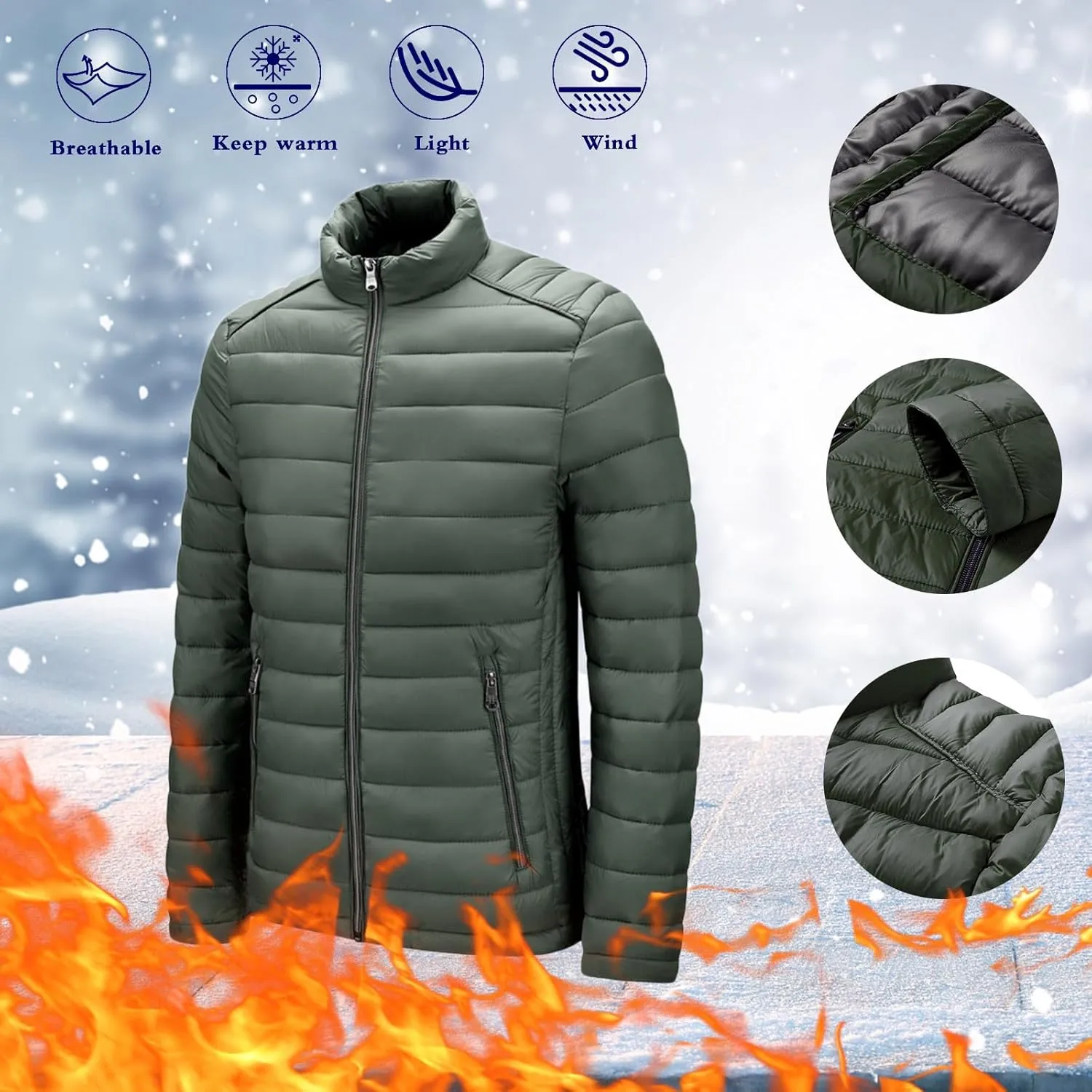 Men's Lightweight Puffer Jacket Men's Plush Autumn&Winter Color Long Solid Jacket Hooded Windproof Insulated Jacket