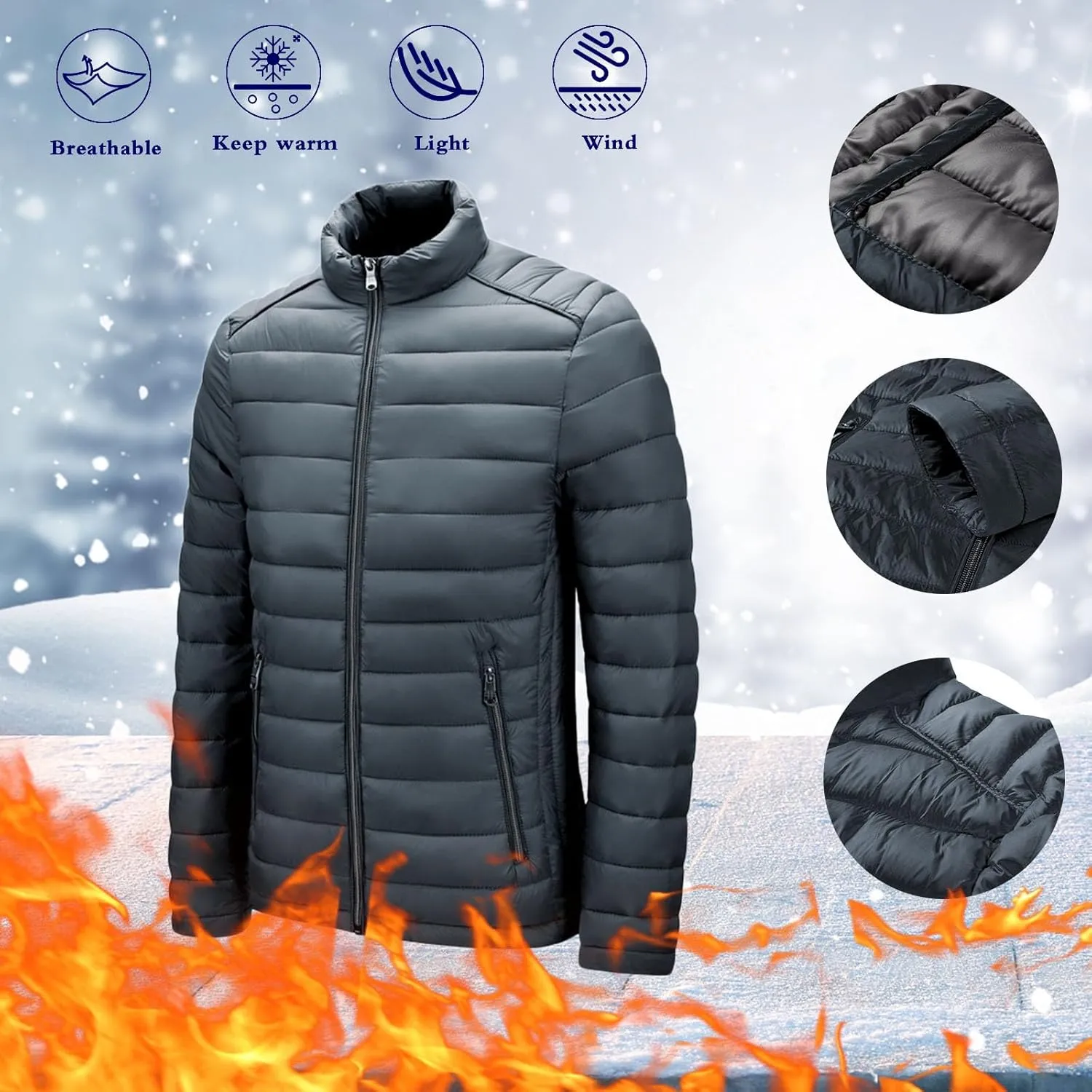Men's Lightweight Puffer Jacket Men's Plush Autumn&Winter Color Long Solid Jacket Hooded Windproof Insulated Jacket