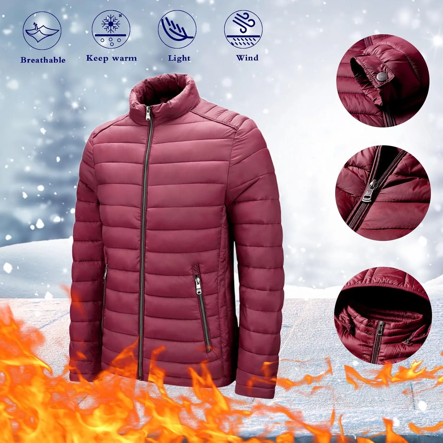 Men's Lightweight Puffer Jacket Men's Plush Autumn&Winter Color Long Solid Jacket Hooded Windproof Insulated Jacket