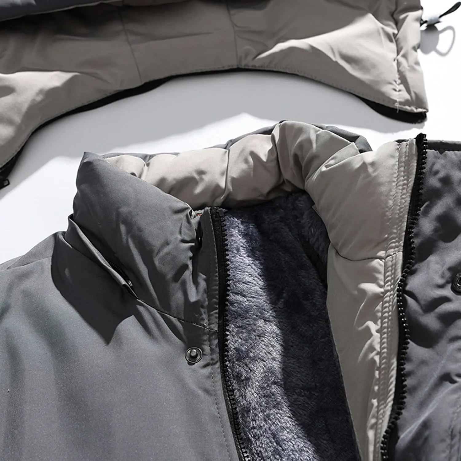 Men's Lightweight Puffer Jacket Men's Plush Autumn&Winter Color Long Solid Jacket Hooded Windproof Insulated Jacket