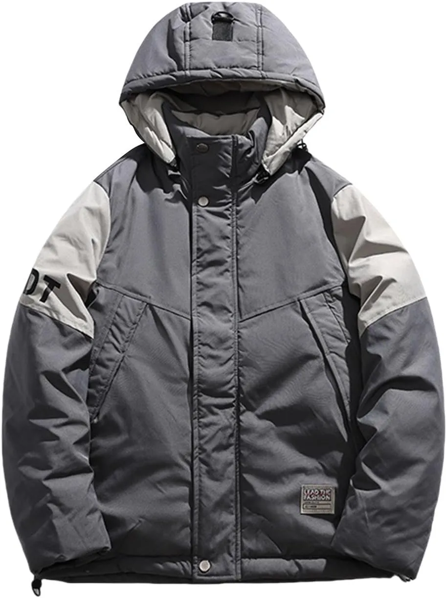Men's Lightweight Puffer Jacket Men's Plush Autumn&Winter Color Long Solid Jacket Hooded Windproof Insulated Jacket