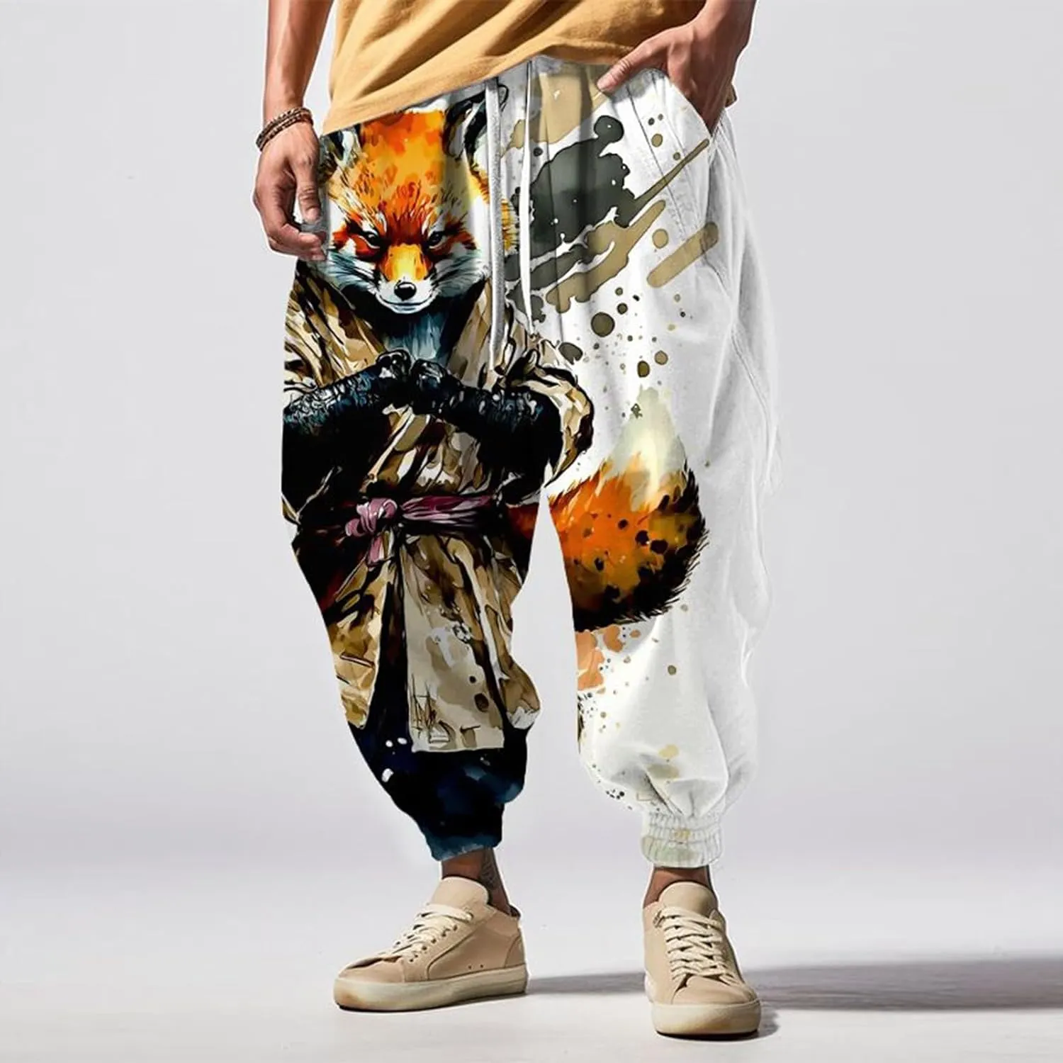 Men's Linen Harem Drawstring Pants Men's Autumn Fun Print Fashion Street Feel Casual Hiking Outdoor Twill Track