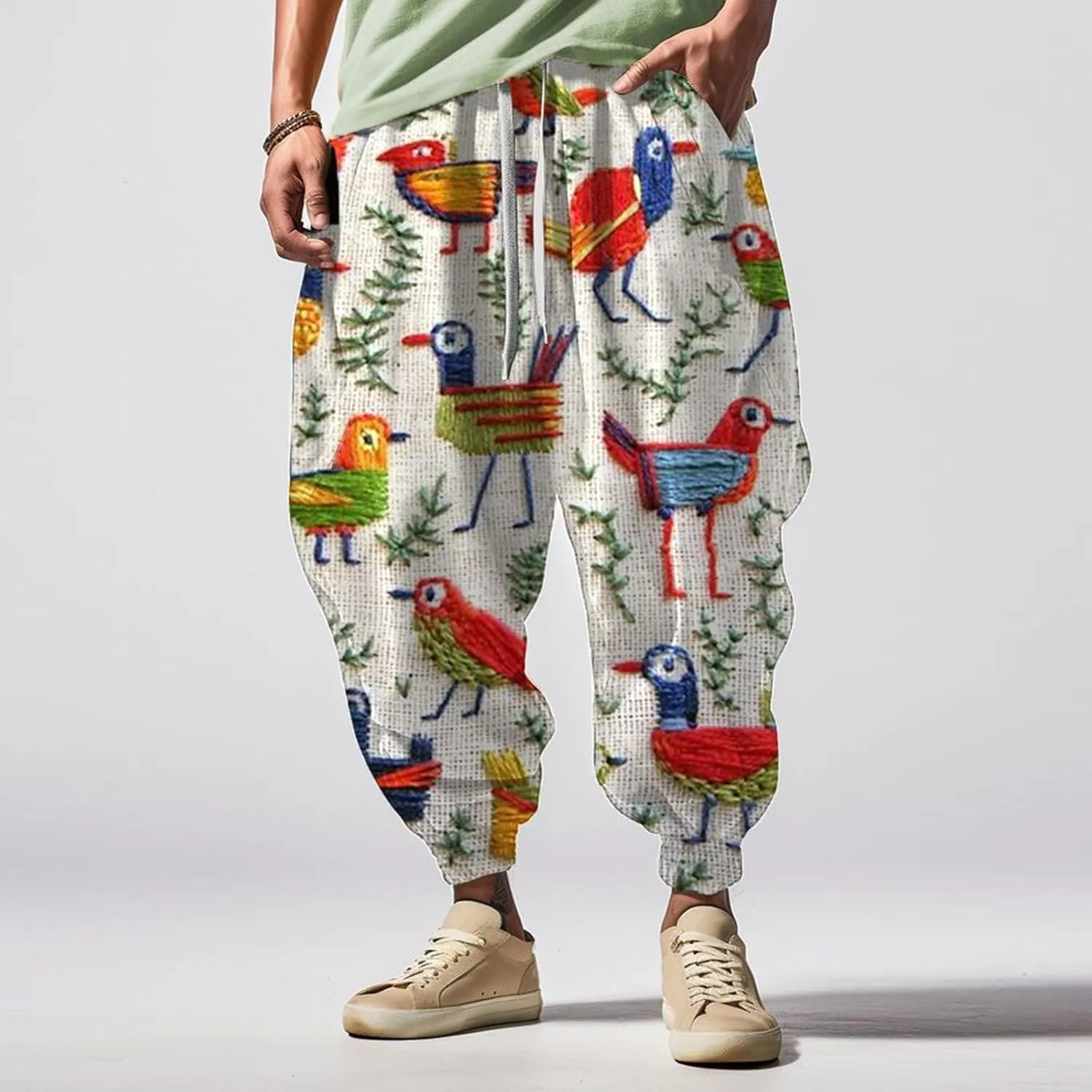Men's Linen Harem Drawstring Pants Men's Autumn Fun Print Fashion Street Feel Casual Loose Drop Crotch Trousers Gym