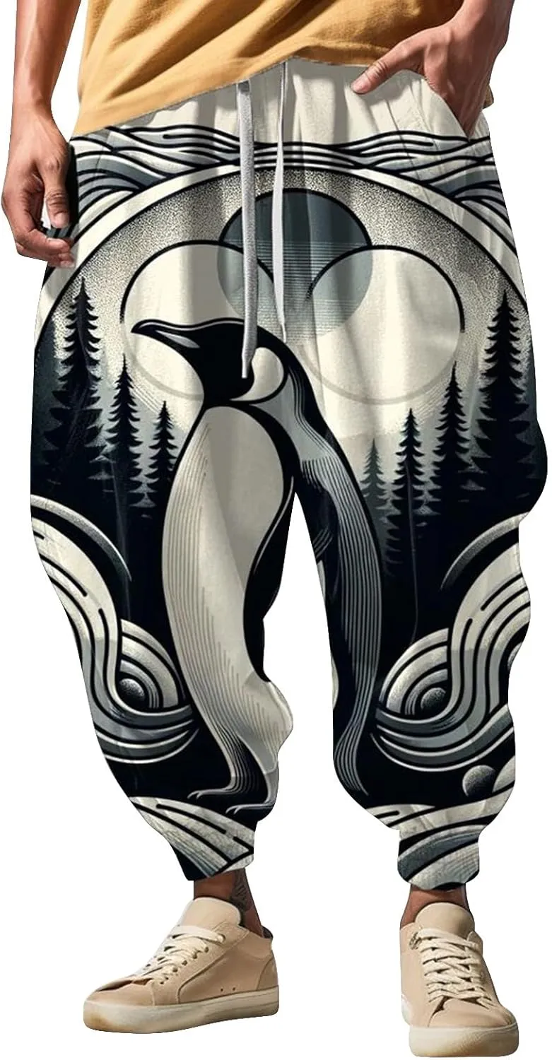 Men's Linen Harem Drawstring Pants Men's Autumn Fun Print Fashion Street Feel Casual Loose Drop Crotch Trousers Gym