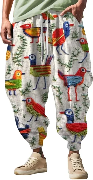 Men's Linen Harem Drawstring Pants Men's Autumn Fun Print Fashion Street Feel Casual Loose Drop Crotch Trousers Gym