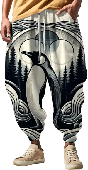 Men's Linen Harem Drawstring Pants Men's Autumn Fun Print Fashion Street Feel Casual Loose Drop Crotch Trousers Gym