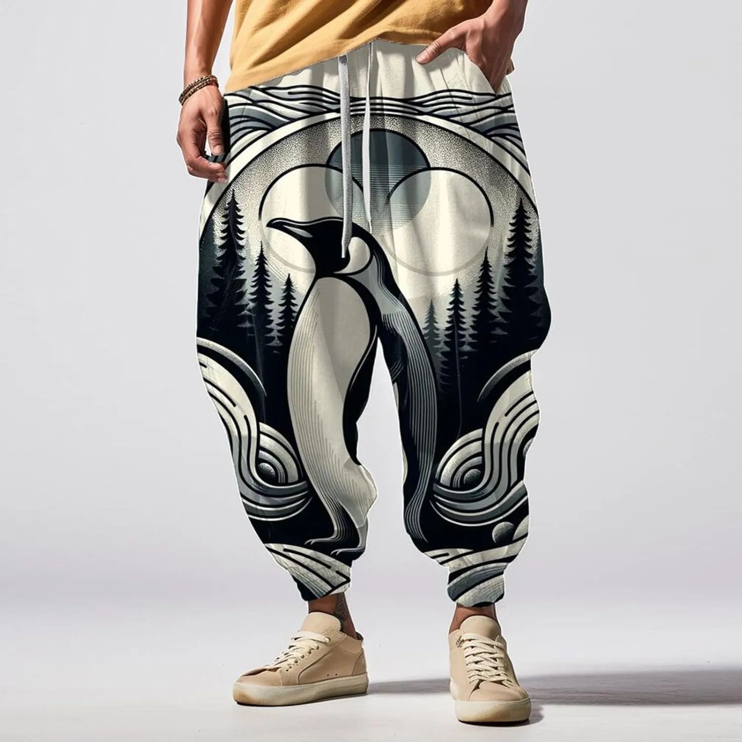 Men's Linen Harem Drawstring Pants Men's Autumn Fun Print Fashion Street Feel Casual Loose Drop Crotch Trousers Gym