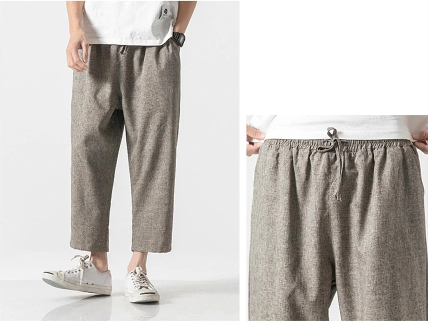 Mens Linen Harem Pants Lightweight Drawstring Elastic Waist Baggy Joggers Casual Cargo Sweatpants Pant Light Linen Trousers