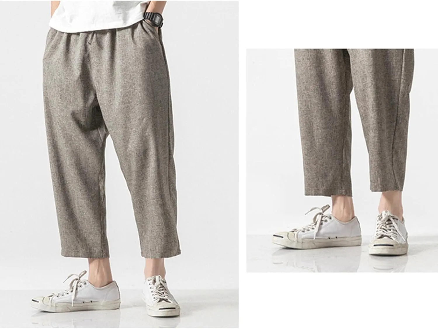 Mens Linen Harem Pants Lightweight Drawstring Elastic Waist Baggy Joggers Casual Cargo Sweatpants Pant Light Linen Trousers