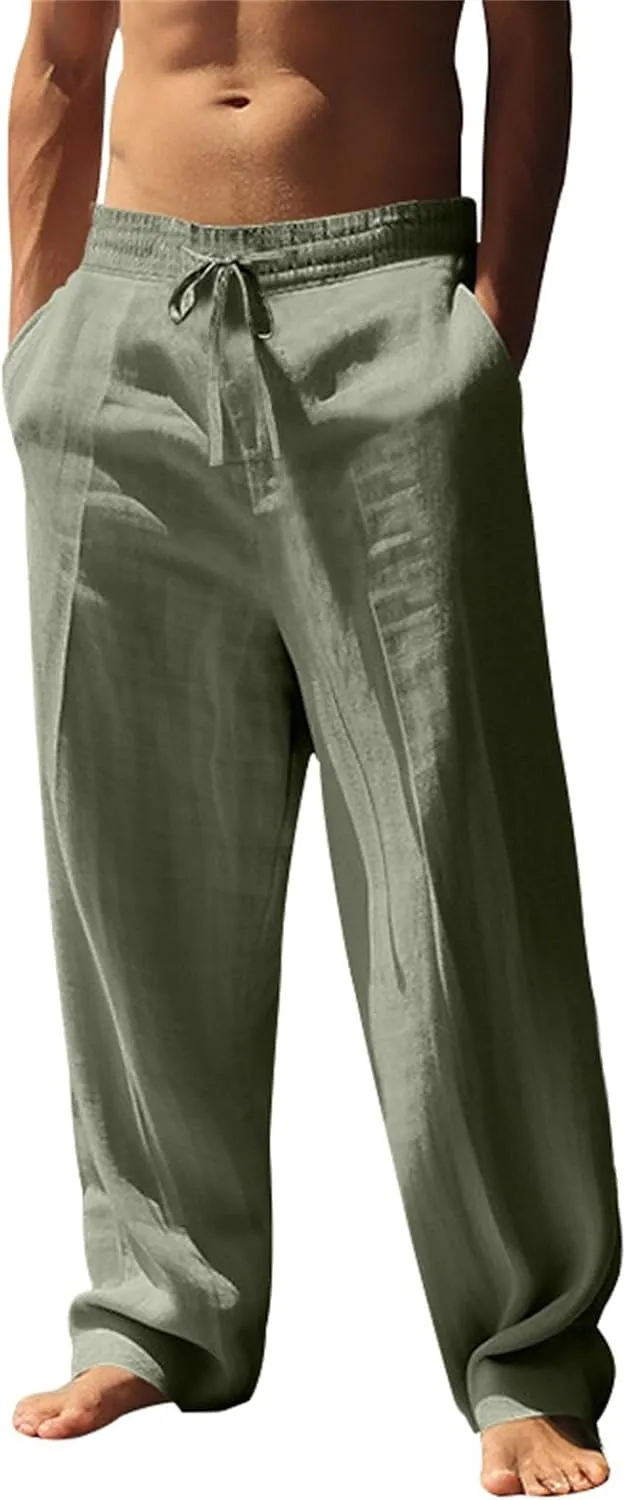 Mens Linen Pants Elastic Waist Drawstring Beach Casual Pants Summer Pants Lightweight Linen Trouser