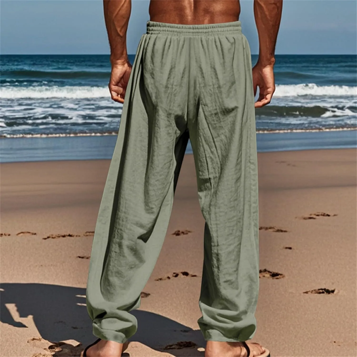 Mens Linen Pants Elastic Waist Drawstring Beach Casual Pants Summer Pants Lightweight Linen Trouser