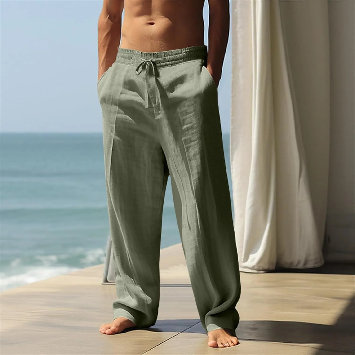 Mens Linen Pants Elastic Waist Drawstring Beach Casual Pants Summer Pants Lightweight Linen Trouser