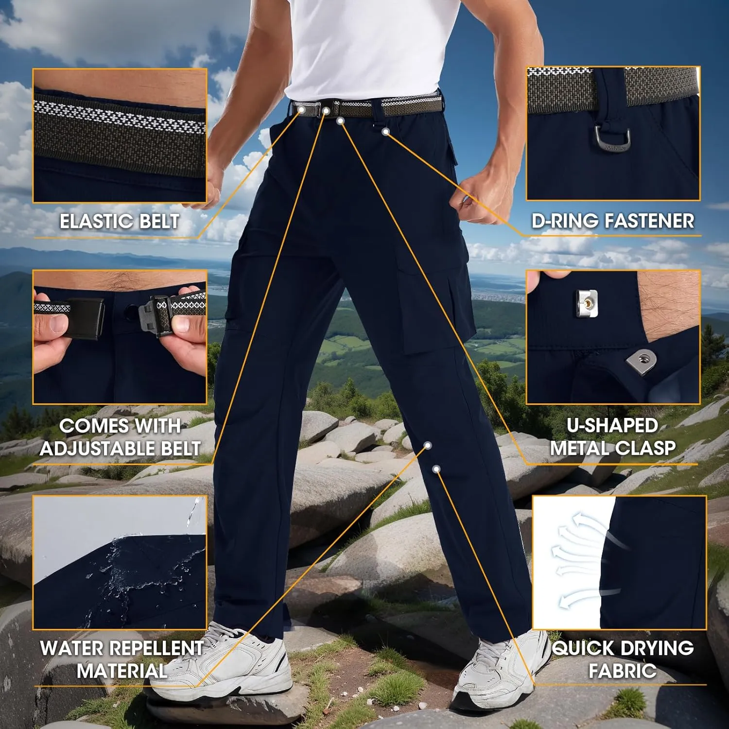 Men's Quick-Dry Cargo Pants, Lightweight Hiking Pants, Travel Pants with Belt Pockets for Outdoor Camping Work