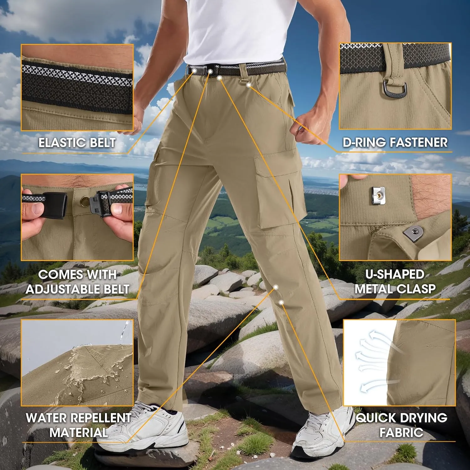 Men's Quick-Dry Cargo Pants, Lightweight Hiking Pants, Travel Pants with Belt Pockets for Outdoor Camping Work