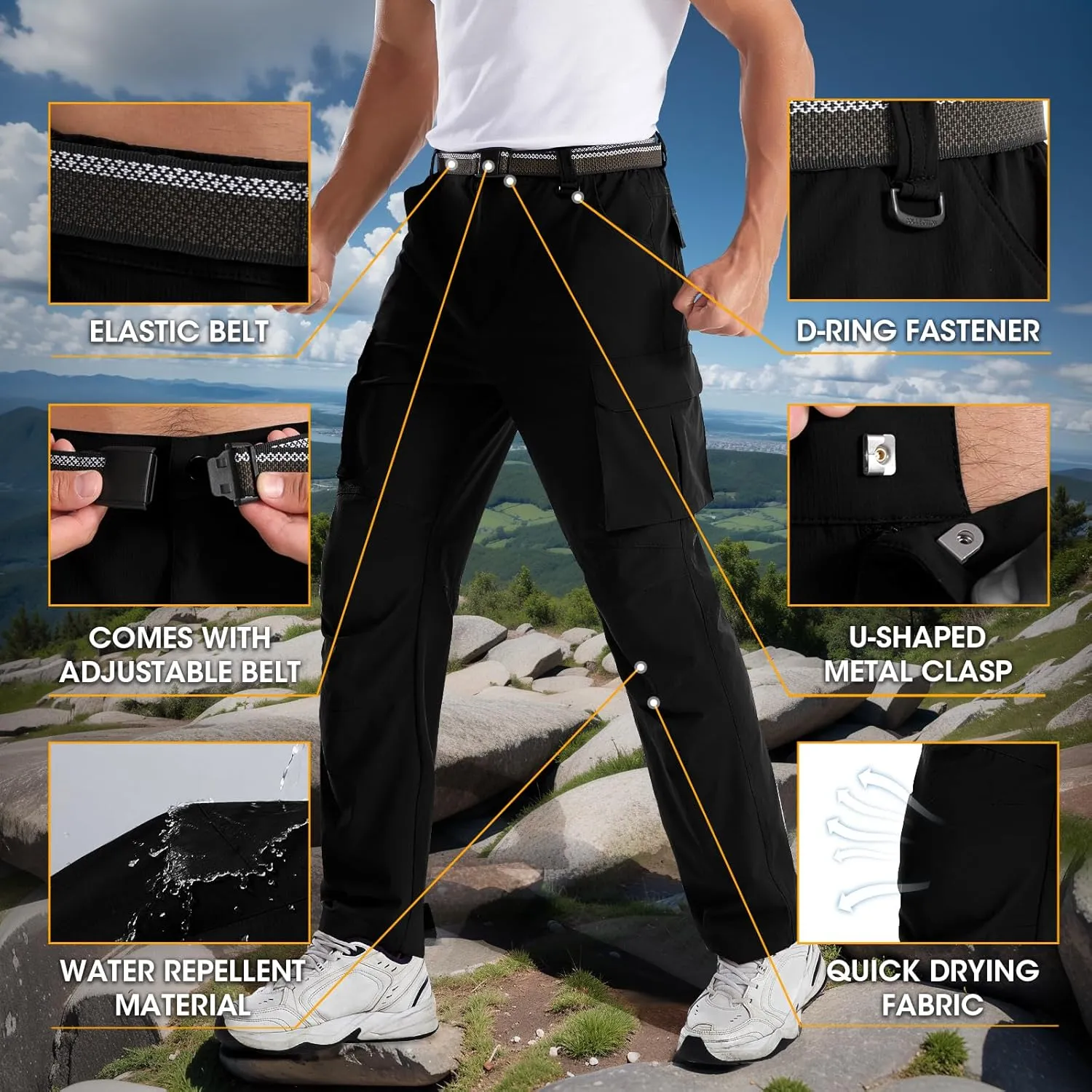 Men's Quick-Dry Cargo Pants, Lightweight Hiking Pants, Travel Pants with Belt Pockets for Outdoor Camping Work