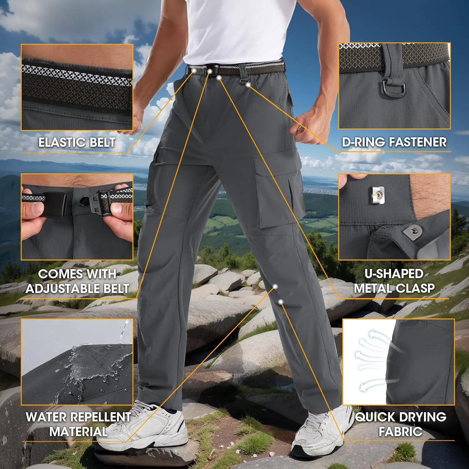 Men's Quick-Dry Cargo Pants, Lightweight Hiking Pants, Travel Pants with Belt Pockets for Outdoor Camping Work