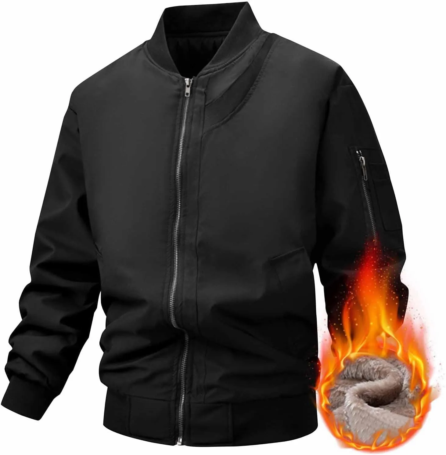 Mens Sherpa Fleece Lined Jacket Thick Winter Warm Coat Fashion Stand Collar Full Zip Bomber Jacket with Pockets