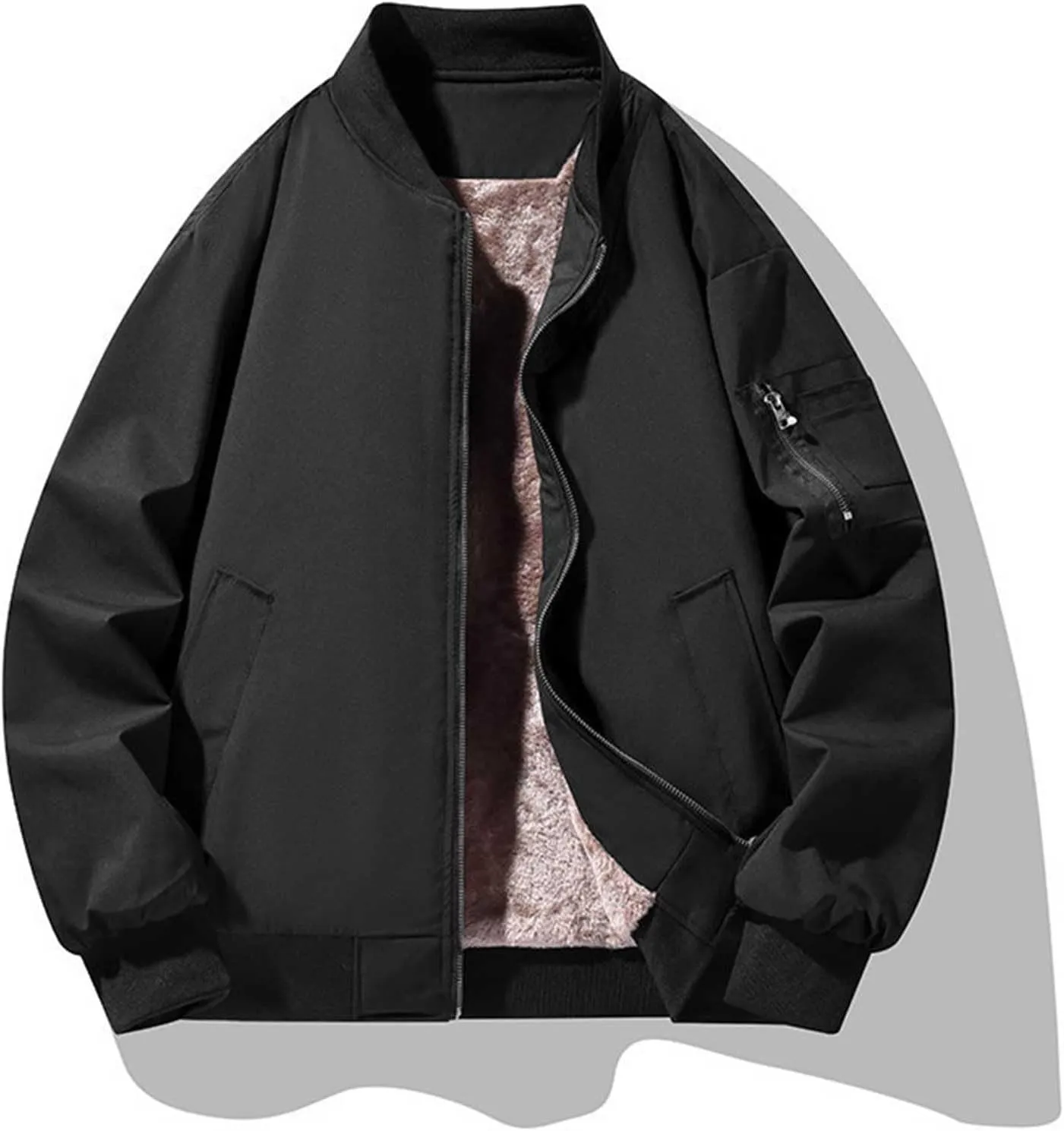 Mens Sherpa Fleece Lined Jacket Thick Winter Warm Coat Fashion Stand Collar Full Zip Bomber Jacket with Pockets