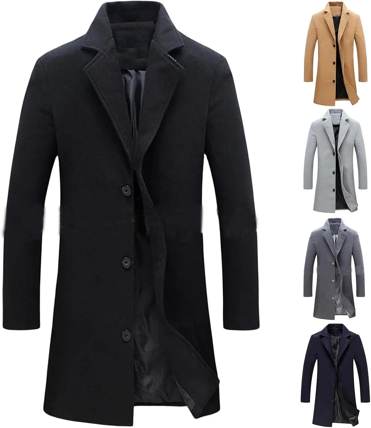 Mens Slim Fit Trench Coat Notched Collar Overcoats Single Breasted Pea Coat Warm Fall Winter Soft Overcoat for Men