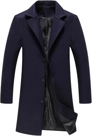 Mens Slim Fit Trench Coat Notched Collar Overcoats Single Breasted Pea Coat Warm Fall Winter Soft Overcoat for Men