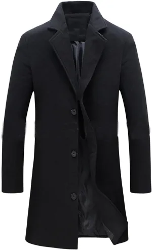 Mens Slim Fit Trench Coat Notched Collar Overcoats Single Breasted Pea Coat Warm Fall Winter Soft Overcoat for Men