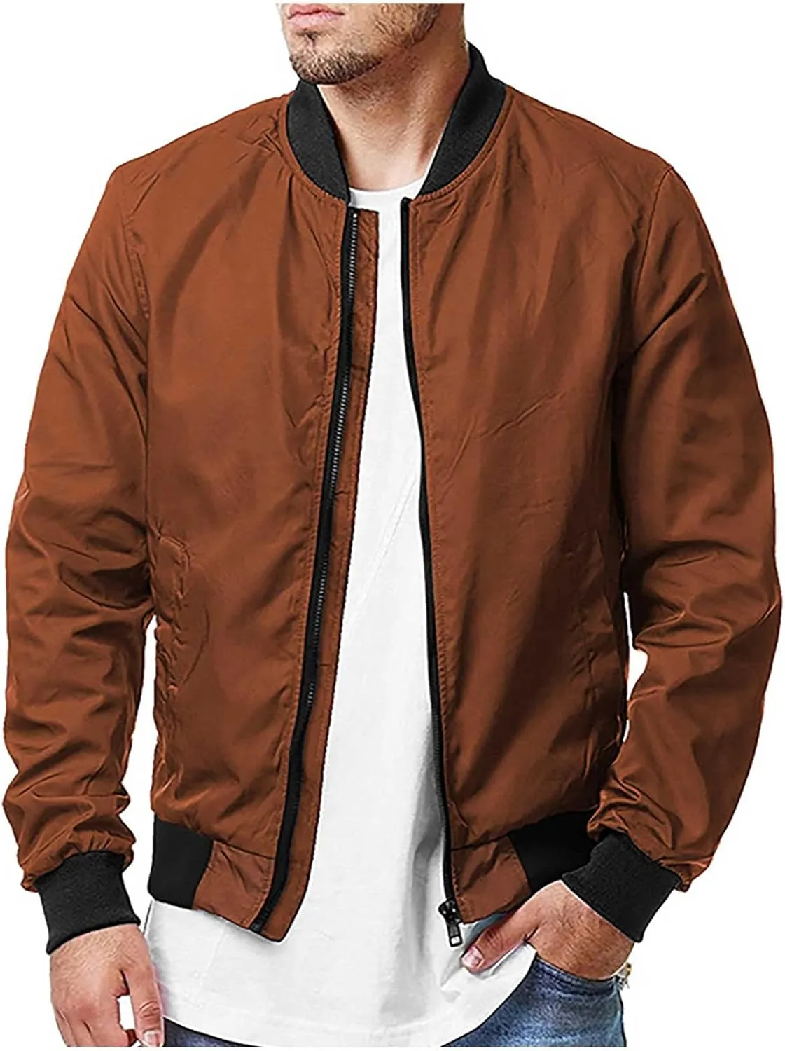 Men's Stand Collar Bomber Jacket Fashion Stylish Lightweight Full Zipper Windbreaker Spring Fall Casual Jackets