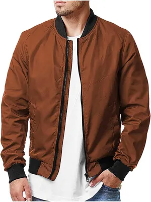 Men's Stand Collar Bomber Jacket Fashion Stylish Lightweight Full Zipper Windbreaker Spring Fall Casual Jackets