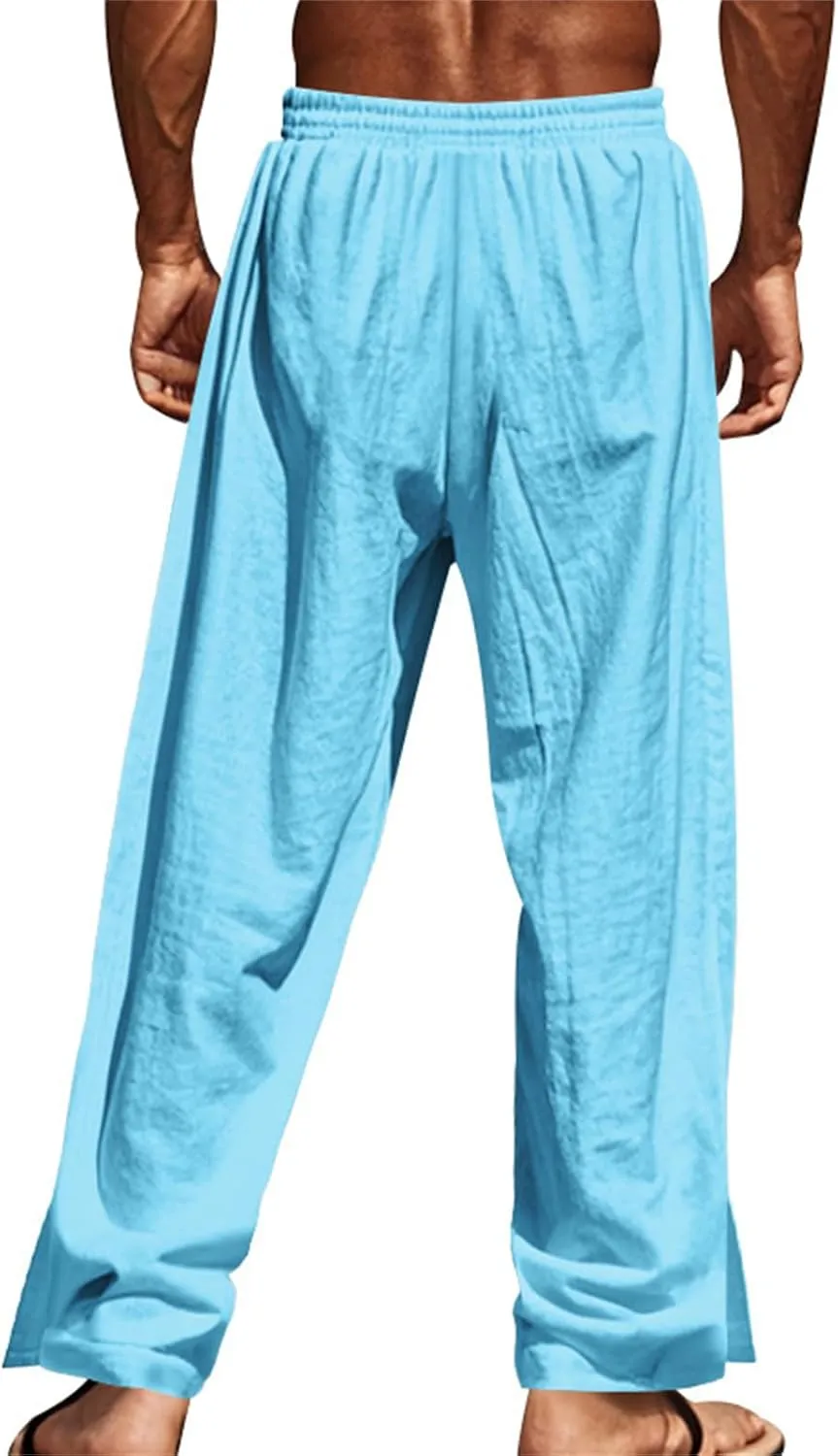 Mens Straight Leg Linen Pants Button Drawstring Elastic Waist Casual Loose Fit Sweatpants Beach Trousers with Pockets