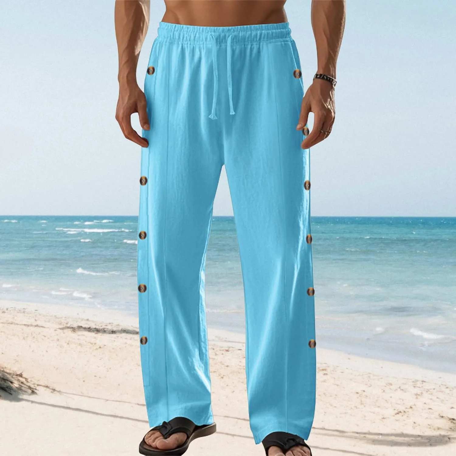 Mens Straight Leg Linen Pants Button Drawstring Elastic Waist Casual Loose Fit Sweatpants Beach Trousers with Pockets