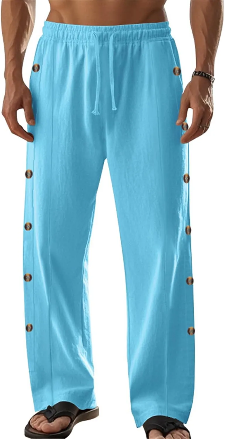 Mens Straight Leg Linen Pants Button Drawstring Elastic Waist Casual Loose Fit Sweatpants Beach Trousers with Pockets