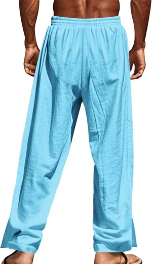 Mens Straight Leg Linen Pants Button Drawstring Elastic Waist Casual Loose Fit Sweatpants Beach Trousers with Pockets